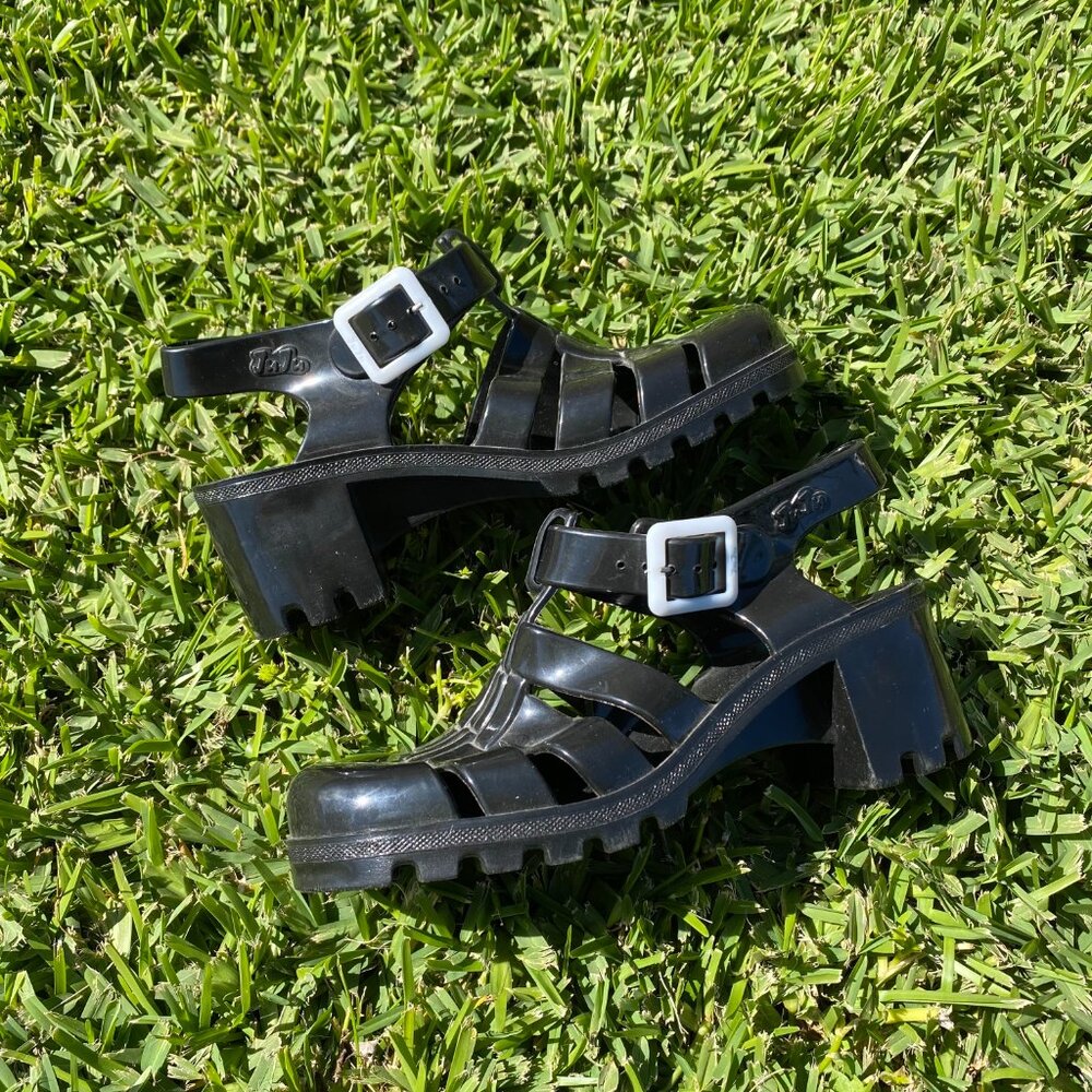 JuJu & Co. Jelly Black Sandal Chunky Heels With Buckle Strap Women's 6 / UK 4 - Picture 2 of 4